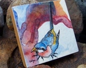 Bluebird Friend - Original watercolor mounted on antique red fir block