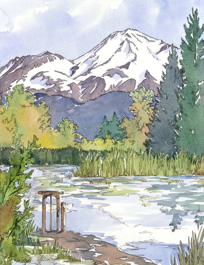 The Mountain is my Safe Place - Large Print of Pond and Snowcovered Shasta Watercolor