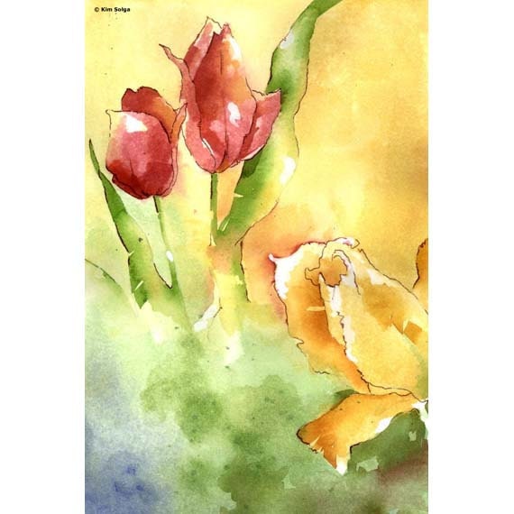 Sunshine Came Softly - Small Print of sunny garden tulips in glowing reds, golds and warm green