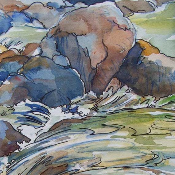 Song of the Water - Original Painting multicolor swirling waterfall cascade over granite river boulders