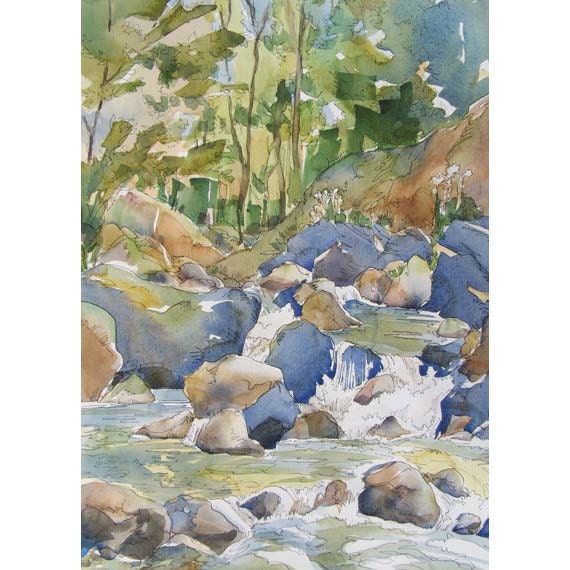 Love Flows Like a Mountain Stream - original painting of shady colorful creek watercolor