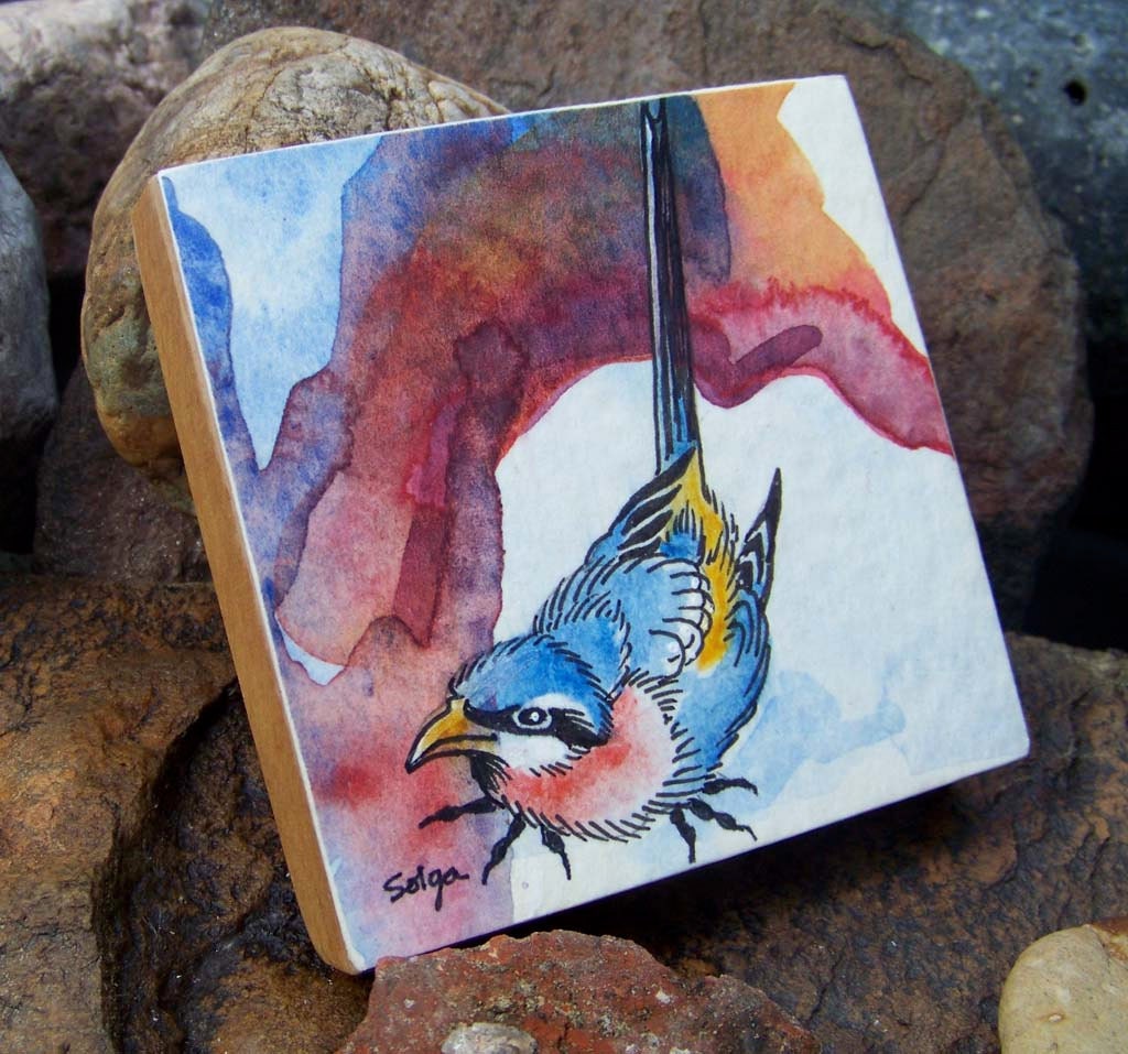 Bluebird Friend - Original watercolor mounted on antique red fir block