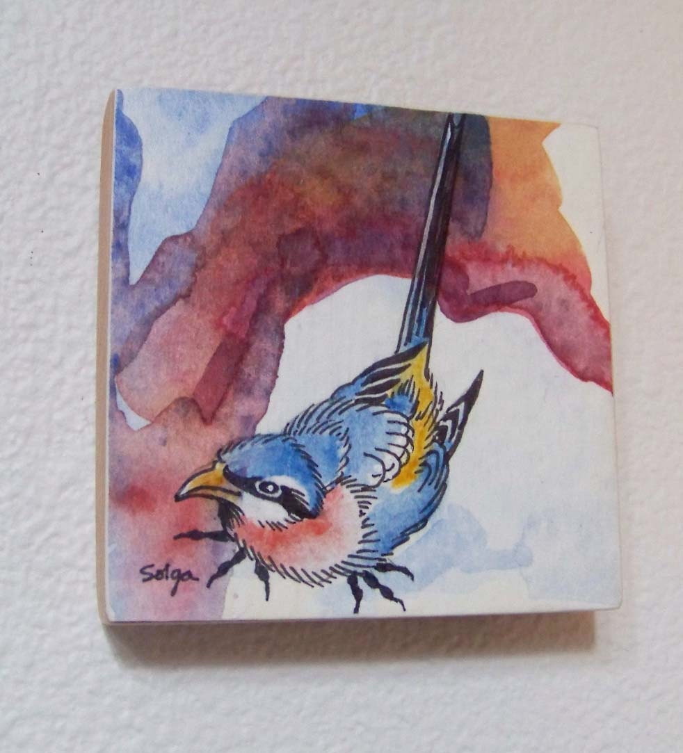 Bluebird Friend - Original watercolor mounted on antique red fir block