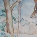 Coyote in Winter - original watercolor in tan, grey, green and white