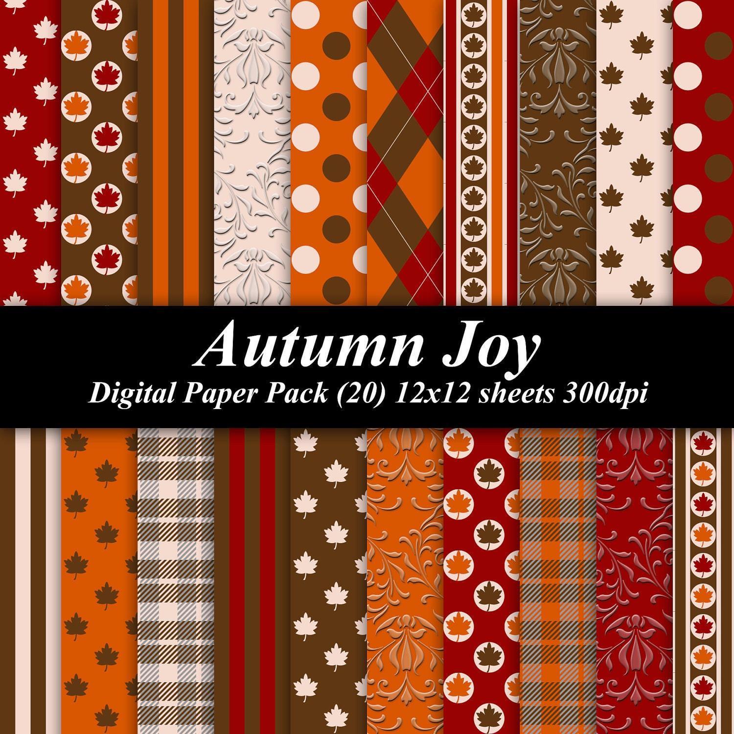 Autumn Joy Digital Paper Pack scrapbooking invitations (20) 12x12 sheets red brown orange