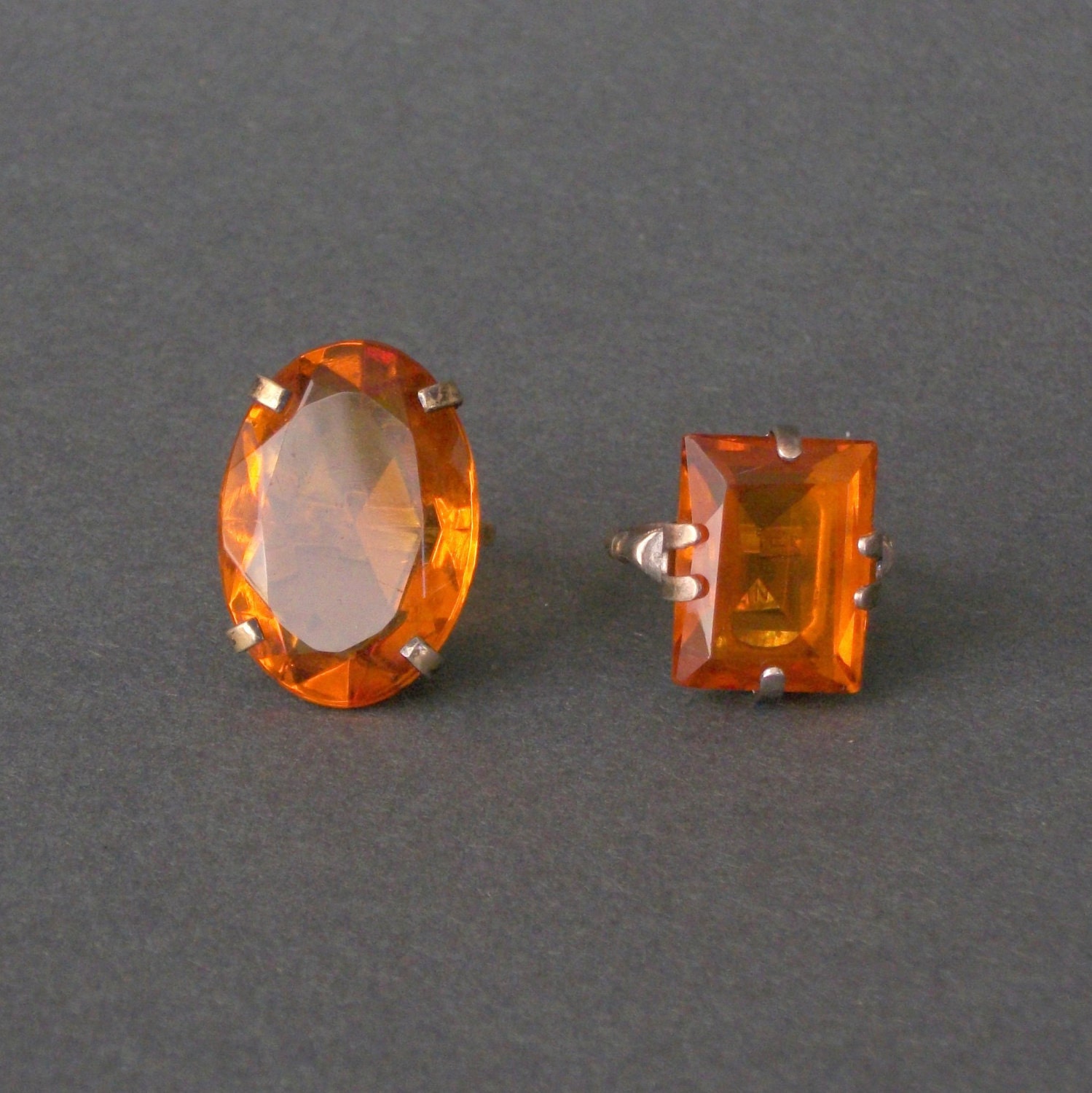 Vintage Art Deco Ring. Large Amber Handcut Glass. Sterling Vermeil. Adjustable.