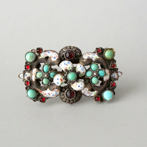 Austro Hungarian Brooch . Garnets Turquoise . Confetti Enamel .