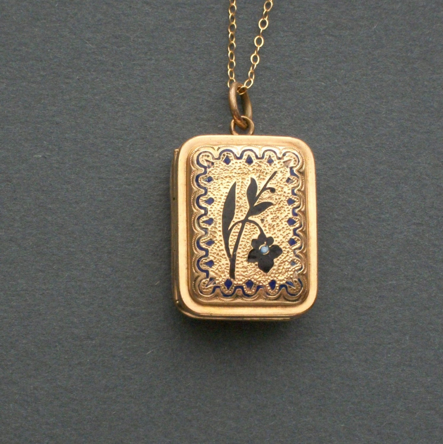Antique Victorian Locket. Black Orchid. Taille dEpergne Enamel. Floral. Blue.