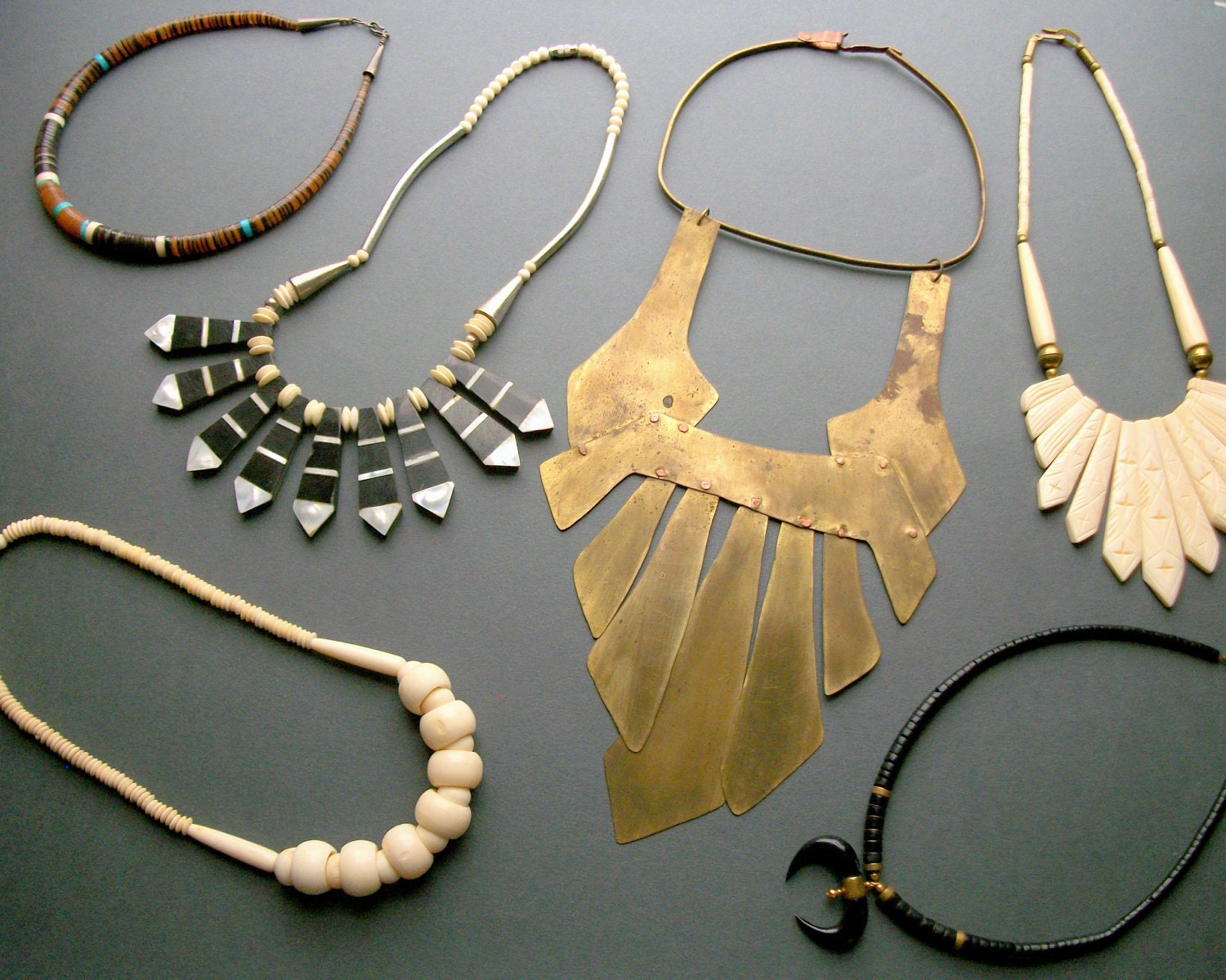 Tribal Horn Bib Necklace . Mother of Pearl . Bone . Black and White .