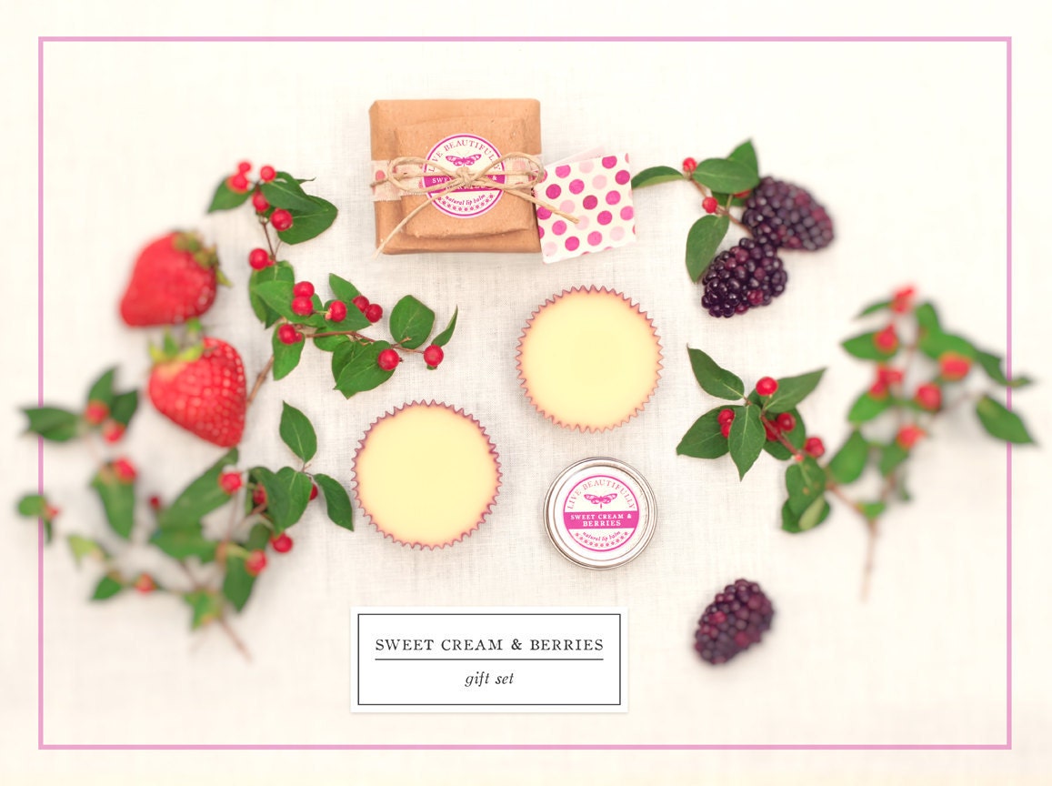 Lip Balm and Lotion Bars - Gift Set, Sweet Cream & Berries - Warm Vanilla, Strawberry, and Blackberry - All Natural