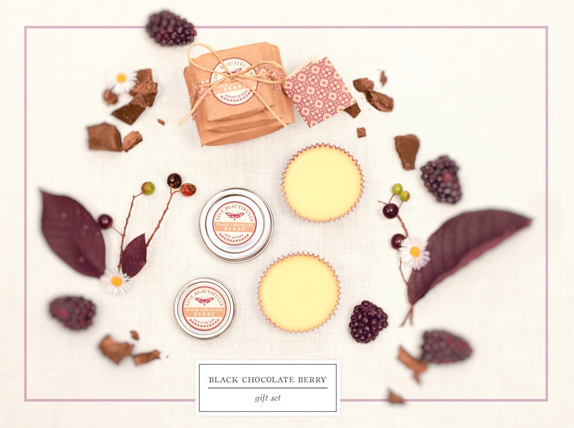 Lip Balm, Perfume, and Lotion Bars - Gift Set, Black Chocolate Berry  - Sweet Cocoa and Blackberry - All Natural