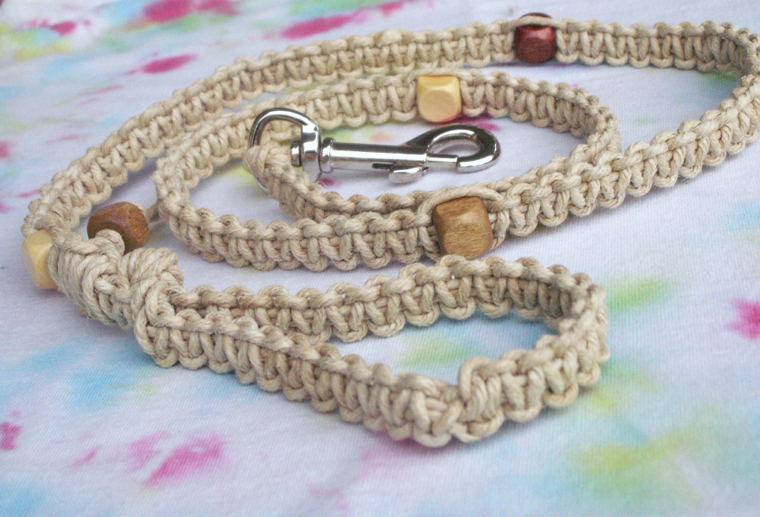 Macrame Hemp Dog Leash with Wooden Beads