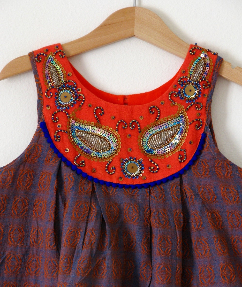 SALE-Boutique ORANGE GOLA dress size 2T 3T 4T girls 5 6 7 8- Intricate Indian hand embroidery on the Bib neck