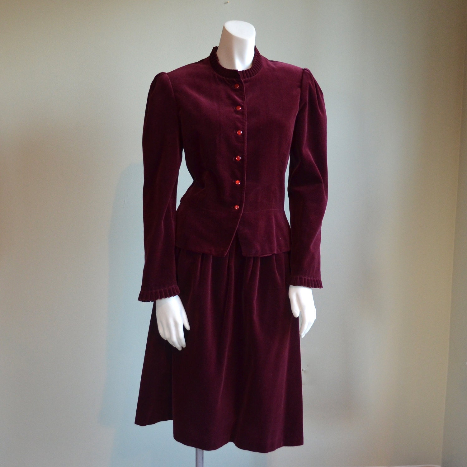 Burgundy Velvet Skirt Suit // Panther // 70s by GrapeJellyVintage