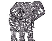 Elephant Art, Zentangle Inspired Art Print, PDF Printable Art, Ink Drawing, Black and White