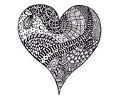 Abstract Heart Print, Valentine's Day Zentangle Inspired Printable Art, Ink Drawing Zendoodle