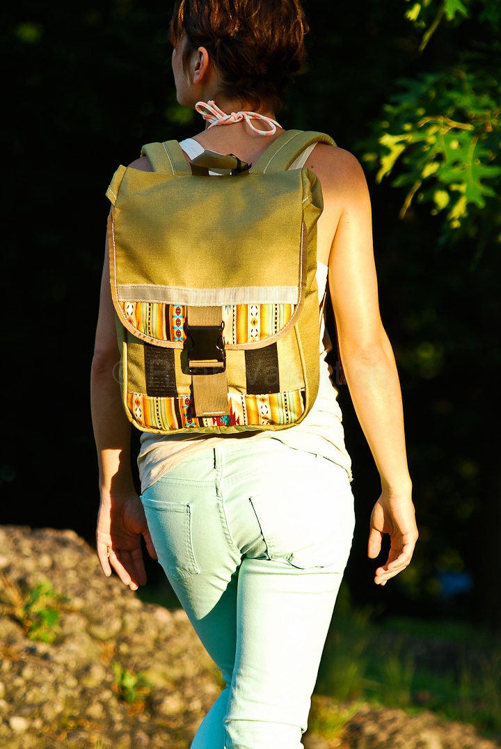 Mini-Skinny Backpack -- gold and aztec -- made to order.