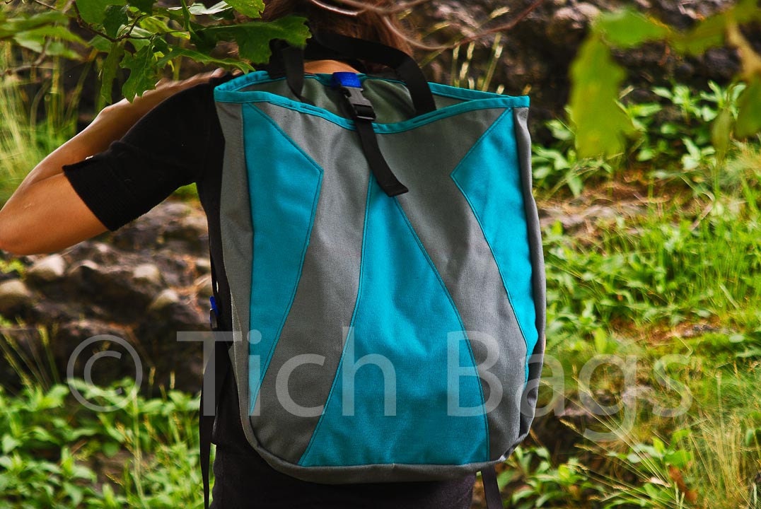 Transformer Backpack Tote -- grey and turquoise -- made to order.