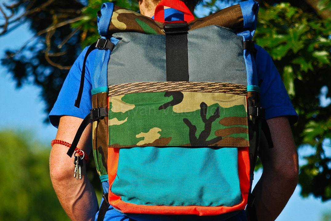 S A L E // Large Backpack -- Blue, Camo and Orange -- Limited Edition -- Ready to ship.