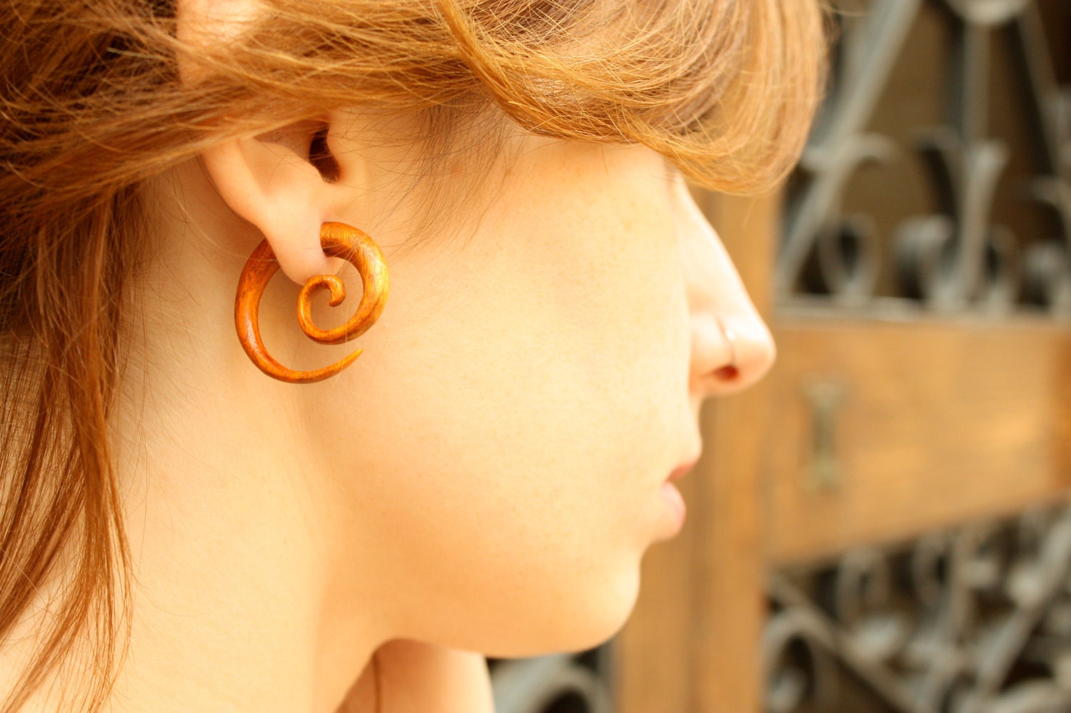 Earrings Fake Gauge Wooden Spiral Tribal Earrings - FG009 OW