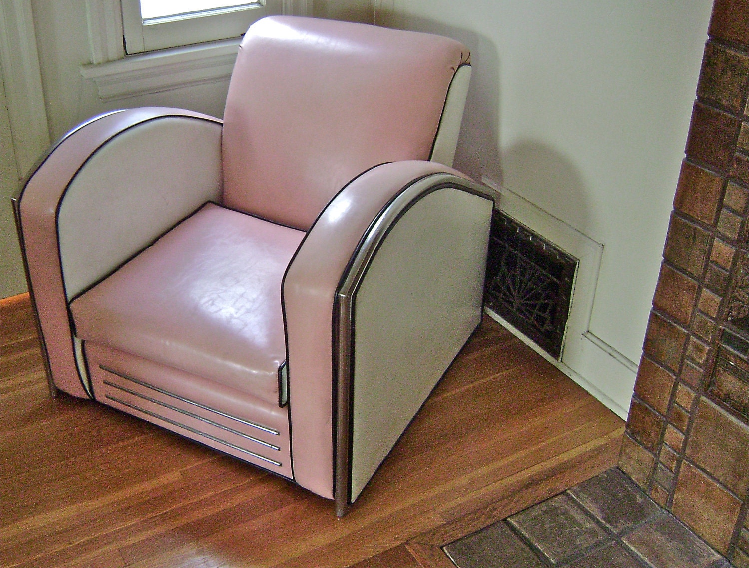 Reserved For Novawagon1964 Vintage Jazz Art Deco Club Chair American Streamline Art Deco Style Club Chair Pink White Black and Chrome