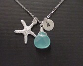 Sale-Personalized Birthstones-Initial Coin Disc, Starfish Pendant  And Aqua Blue Briolette-White Gold Plated Necklace