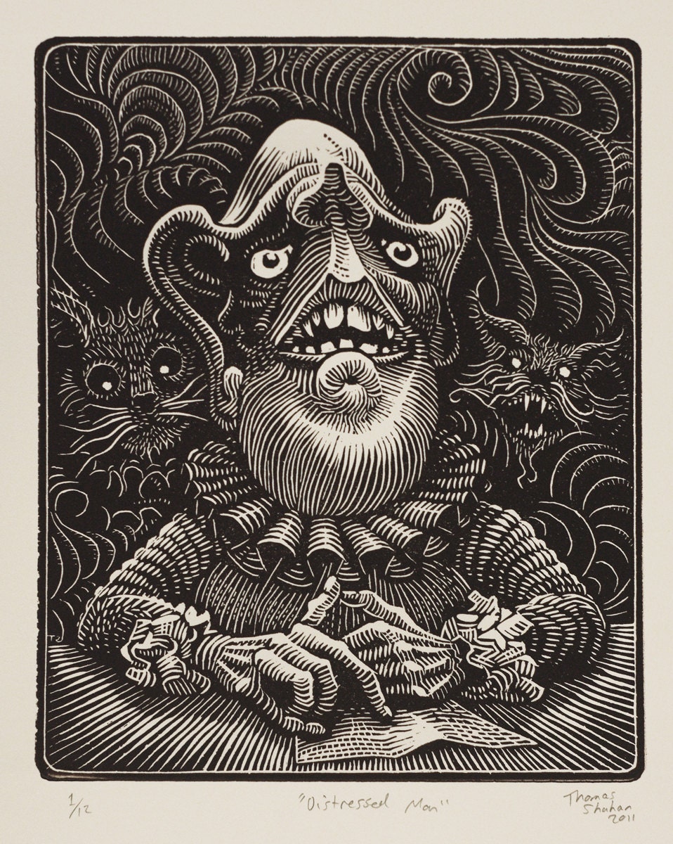 Distressed Man - 6x8" Woodcut - Thomas Shahan