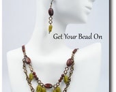 Antique Brass, Red Jasper, and Glass Tulip Necklace & Earring Set
