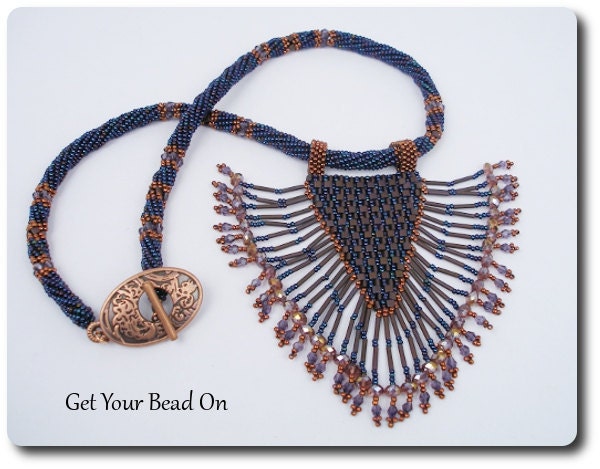 Gorgeous Blue and Bronze Fringed Beadweave Necklace