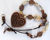 Crazy Lace Agate Stone and Copper Heart Pendant Necklace