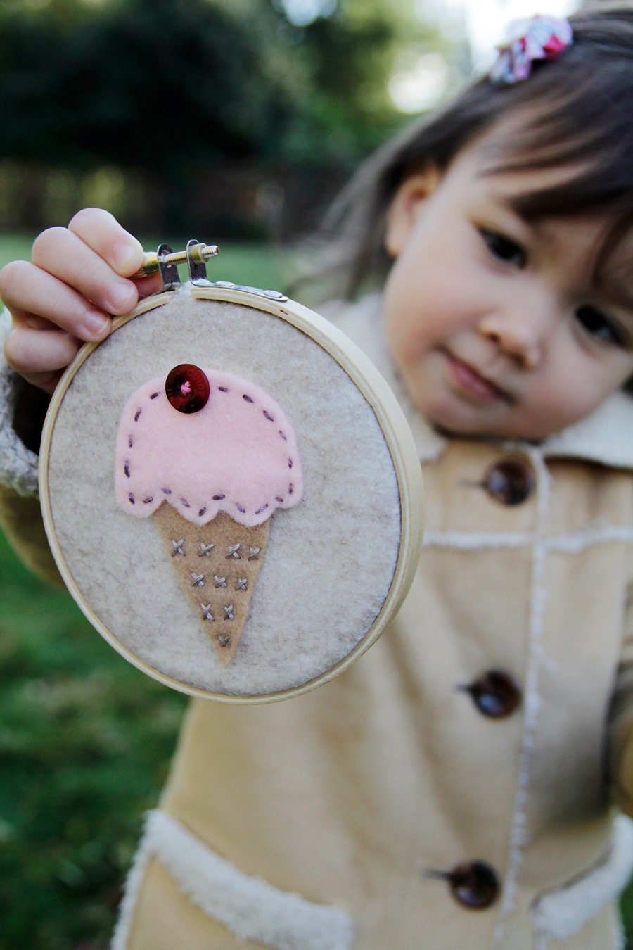 Embroidery Hoop Art, Felt Ice Cream Cone, Pink Scoop, Wall Hanging Nursery Decor by Catshy Crafts