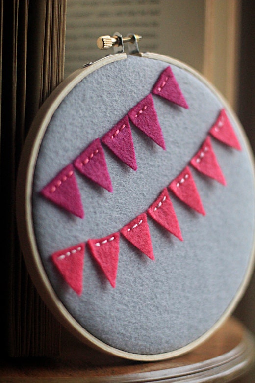 Embroidery Hoop Art, Mini Felt Party Bunting, Pink and Ruby Red Felt Wall Decor by Catshy Crafts