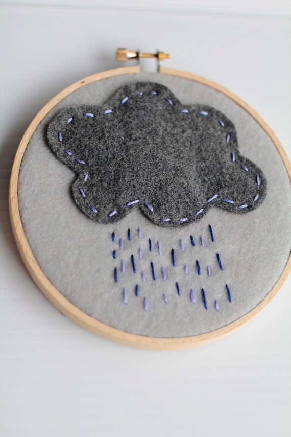 Embroidery Hoop Art. Felt cloud. Rain Shower. Blue Drizzle. Wall Art by Catshy Crafts.