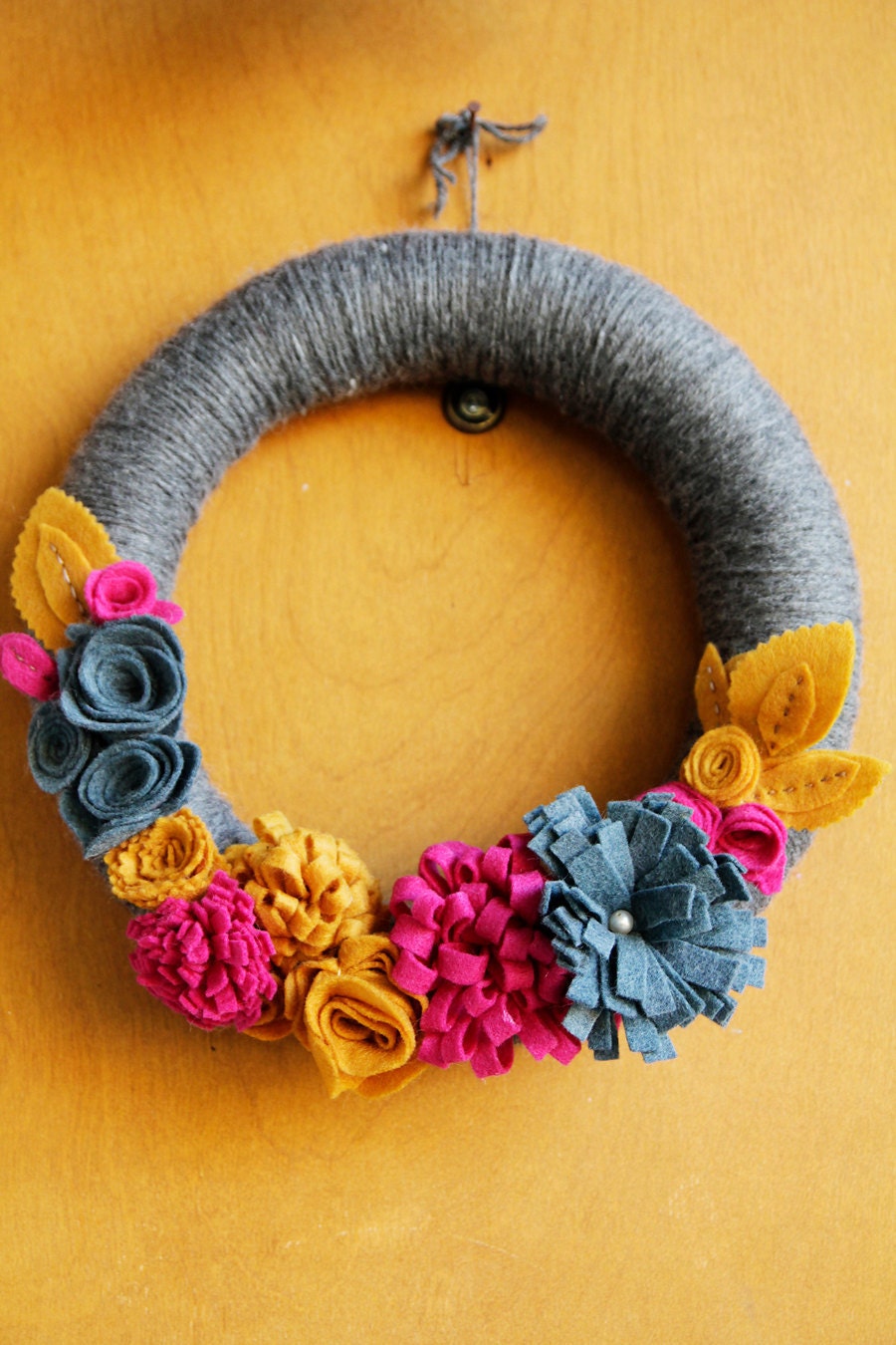 Yarn wrapped Autumn Wreath with Dimensional Felt Flowers, Fuchsia, Denim, Goldenrod 12-Inch As Featured on Simply Handmade: Decor Magazine