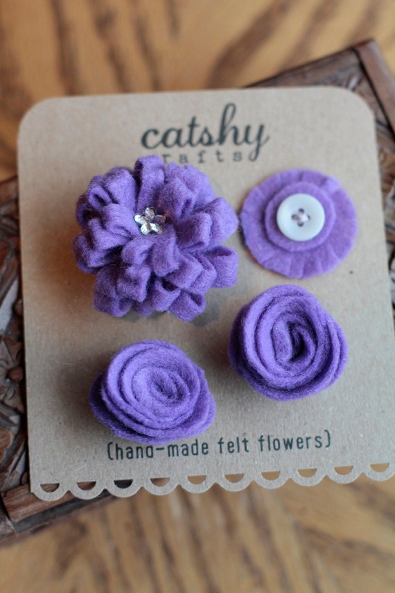 Handmade Felt Flower Embellishments, Purple Dimensional Flowers for Scrapbooking, Cards, Clothes, Crafts by Catshy Crafts, Set of 4