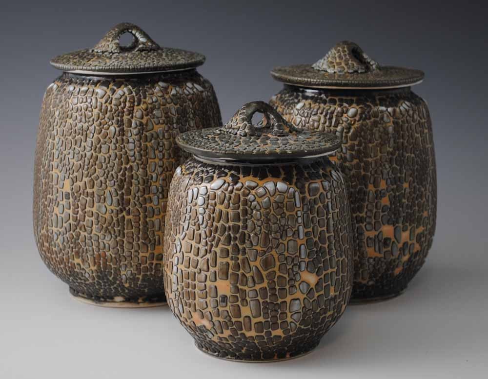 Set of Three Porcelain Jars,  Dark Brown and White