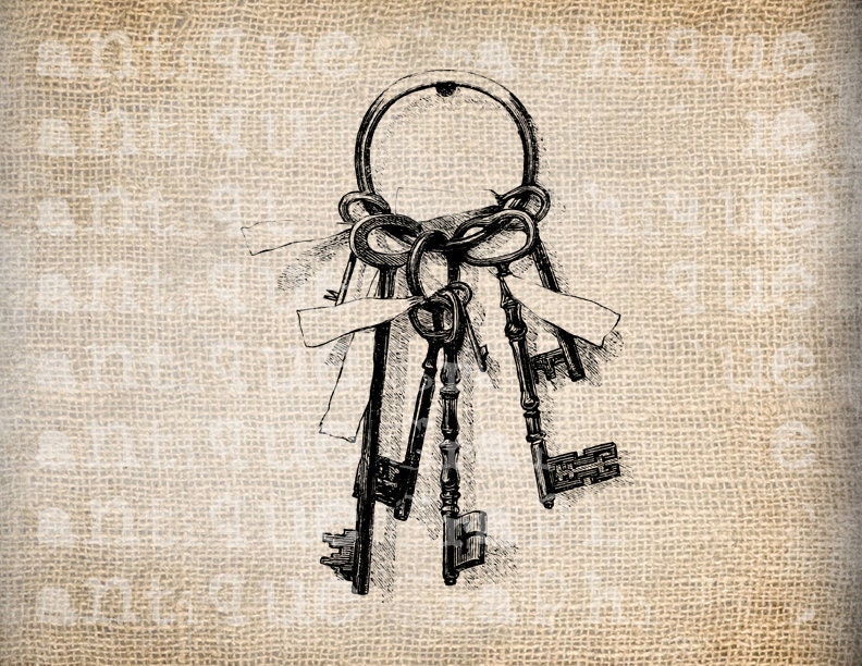Antique Keys Key Ribbons Ring Skeleton Illustration Digital Download for Papercrafts, Transfer, Pillows, etc Burlap No. 2707