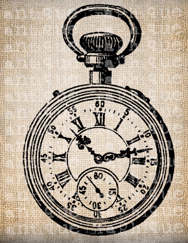 Antique Pocket Watch Clock Illustration Digital Download for Tea Towels, Papercrafts, Transfer, Pillows, etc Burlap No. 5635