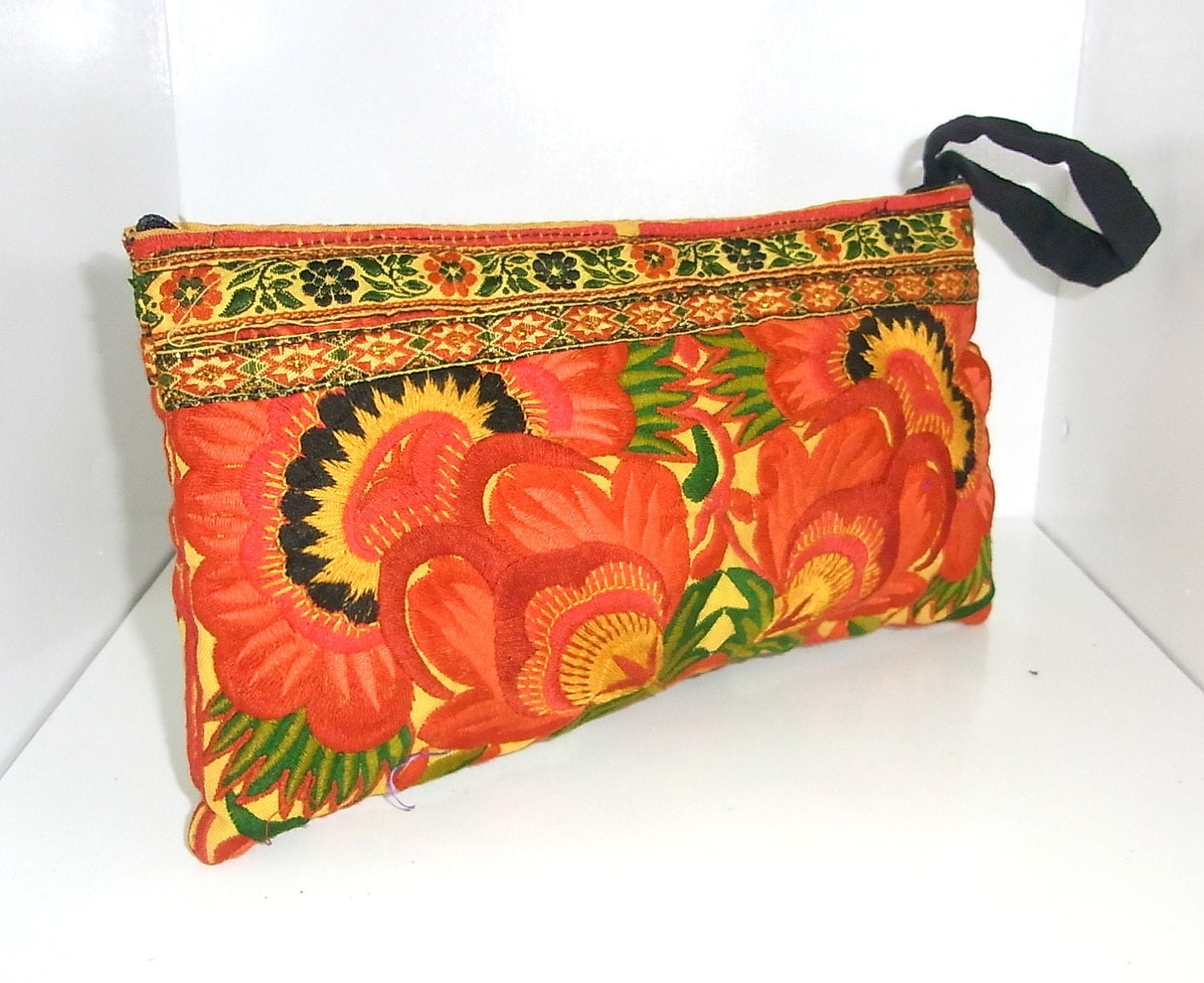 Clutch Wristlet Orange Tangerine Flowers HMONG Tribe Bag Embroidered Handmade Thailand Fair Trade (BG810-OF)