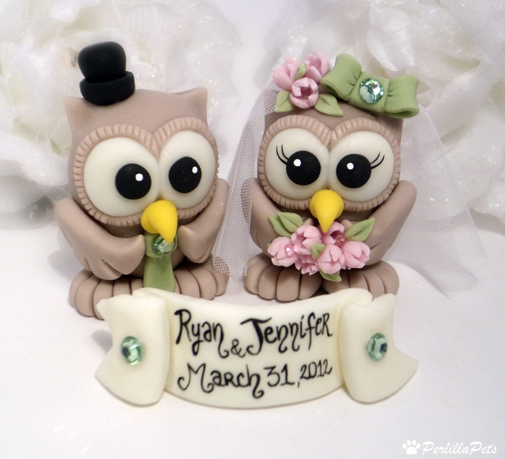 Wedding owl cake topper with personalized banner - love birds cute cake topper