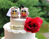 Wedding cake topper owl love bird, personalized with banner