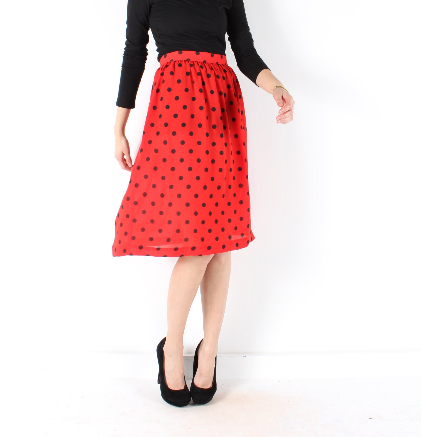 Vintage 80s // polka dot skirt // semi sheer red and black  //  flowy pleated  // small medium
