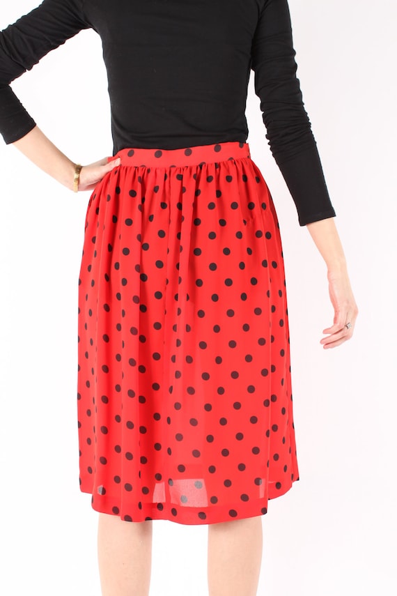 Vintage 80s // polka dot skirt // semi sheer red and black  //  flowy pleated  // small medium
