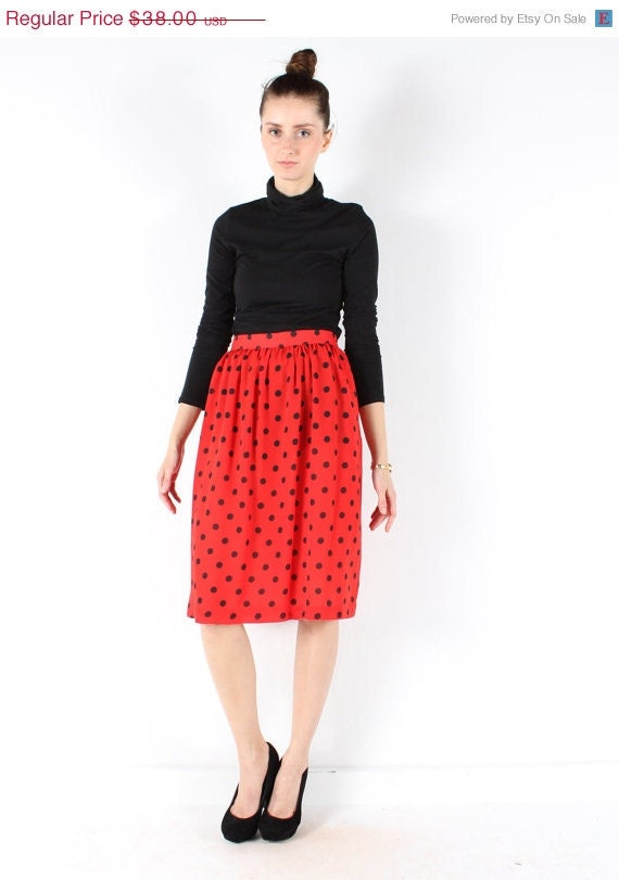 Vintage 80s // polka dot skirt // semi sheer red and black  //  flowy pleated  // small medium