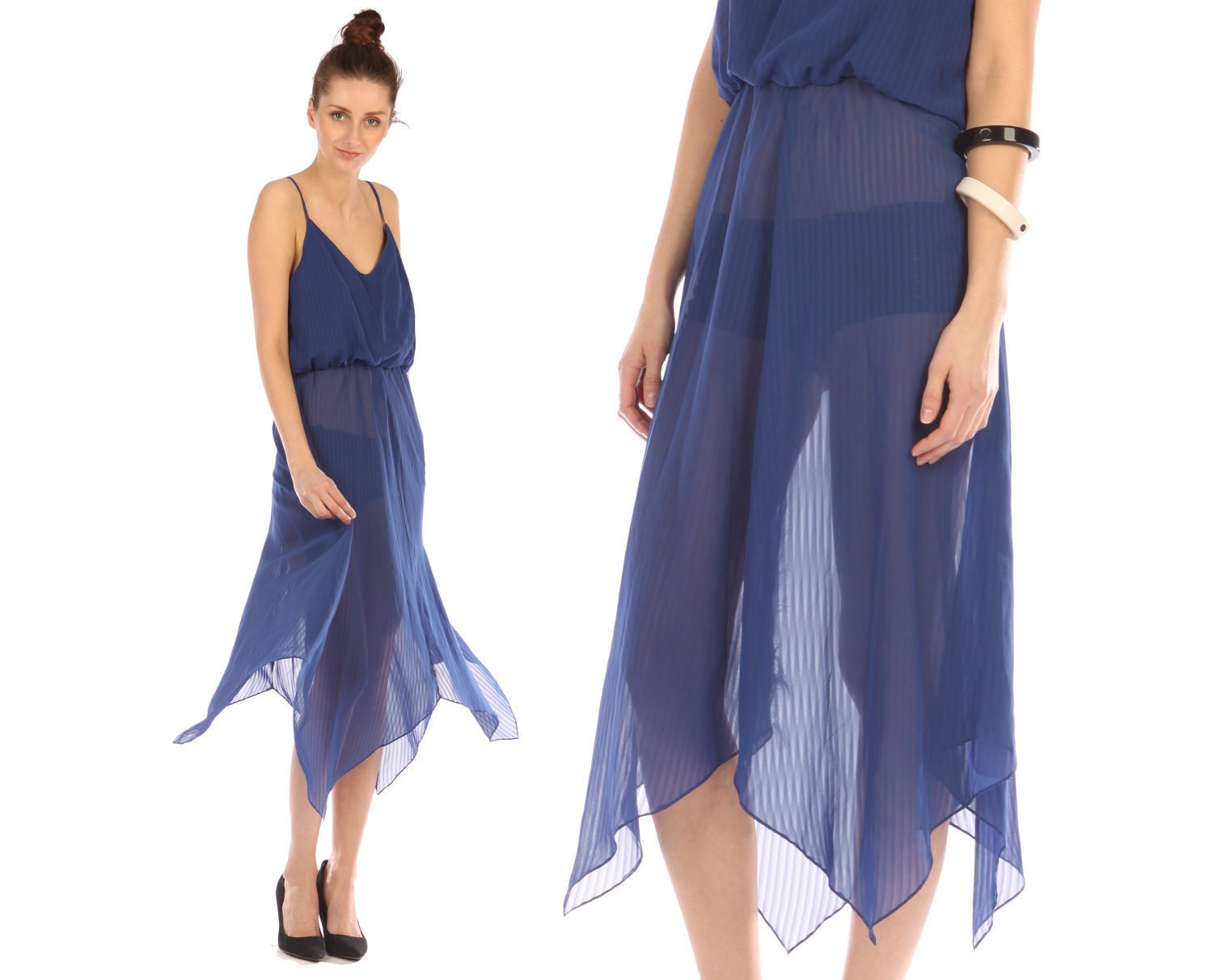 Vintage 70s // sheer dress // cobalt blue // handkerchief hem // flowy hippie boho dress // small