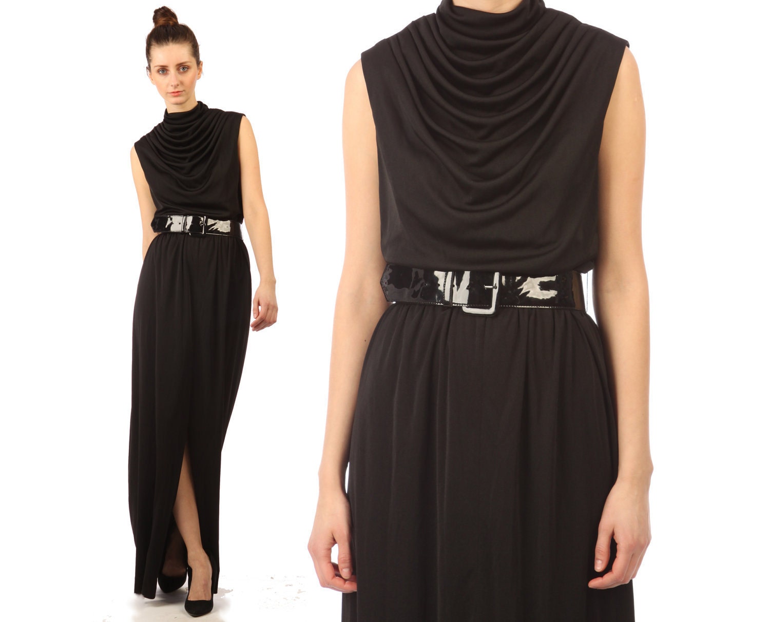 vintage 1970s dress maxi // black disco dress // slinky // Lilli Diamond // flowy // huge slit // grecian draped // small medium