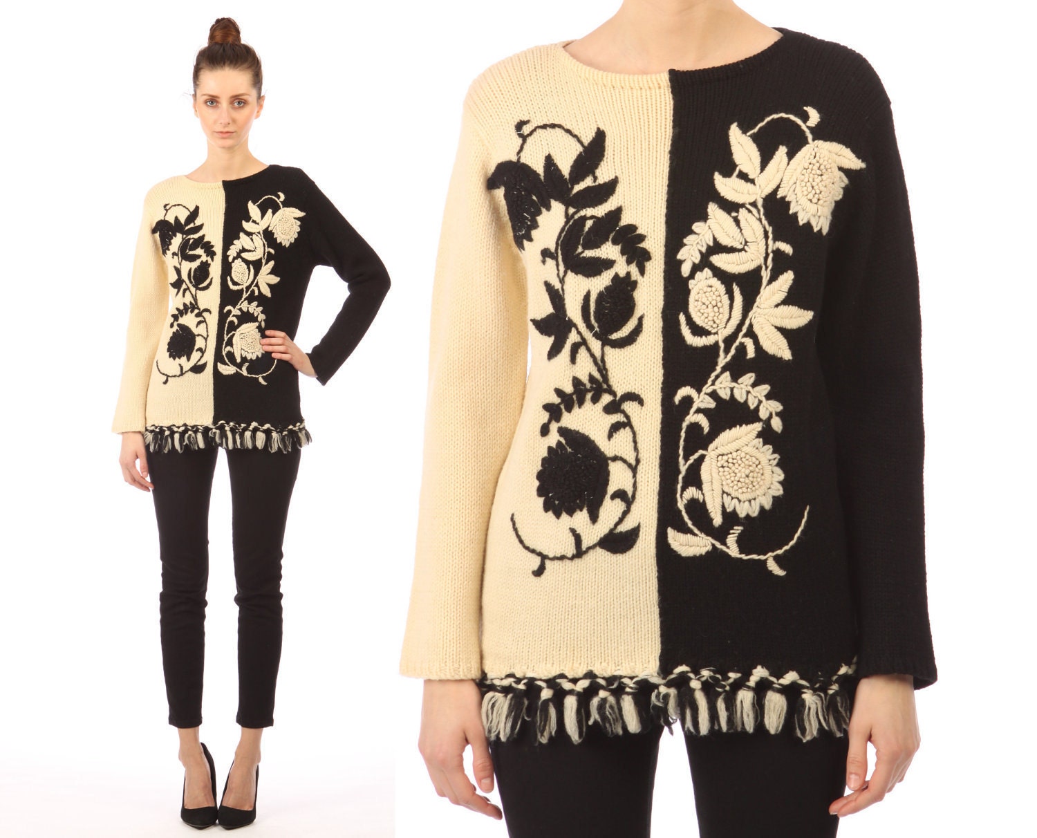 color block knit sweater // vintage 60s // black cream // floral print // tassel fringe // wool // xsmall small