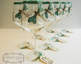 Set of 8- Hand Painted Wine Glass: Dragonfly Design