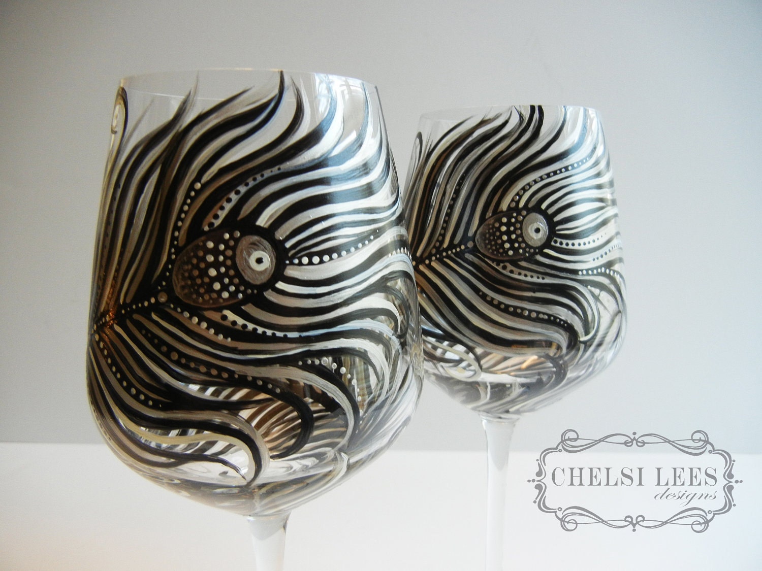 Set of 2- Hand Painted Wine Glass: Peacock Design Black-Silver-White