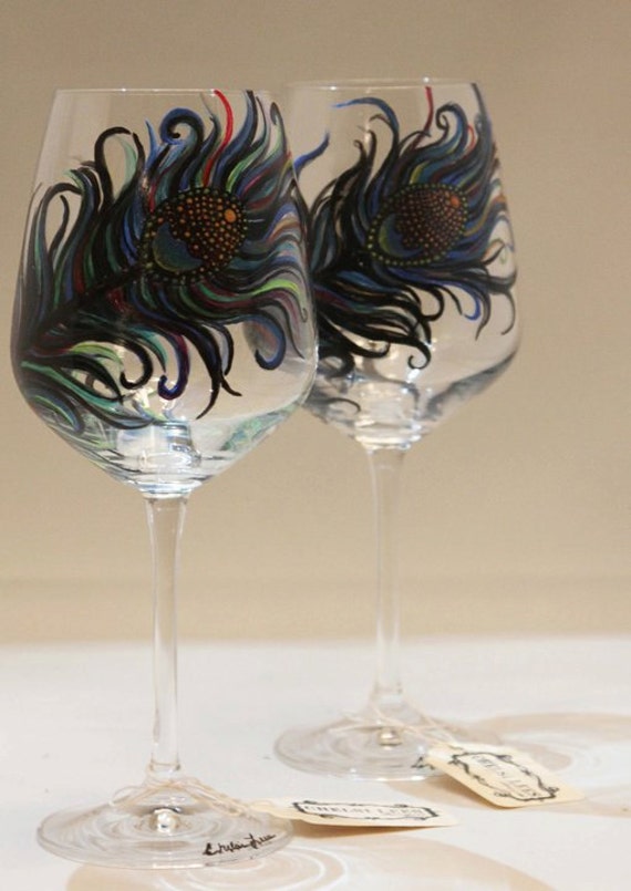 Set Of 2 Hand Painted Wine Glass Original Peacock By ChelsiLees